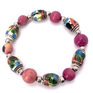 Peruvian Stretch Bracelet With Hand Painted Ceramic Alpaca Beads Pink Blue Green